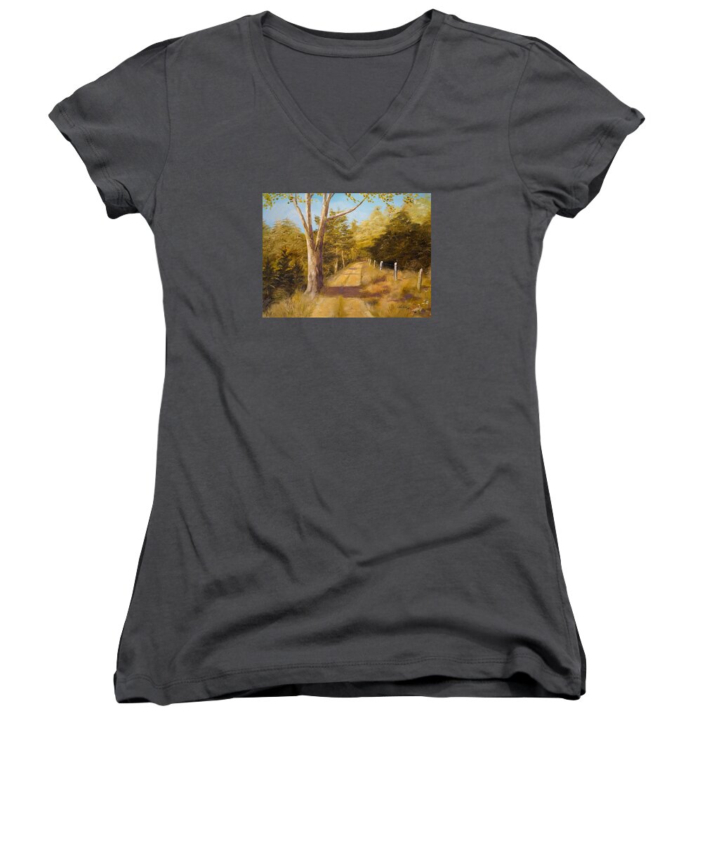 Landscape Women's V-Neck featuring the painting Back Road by Alan Lakin