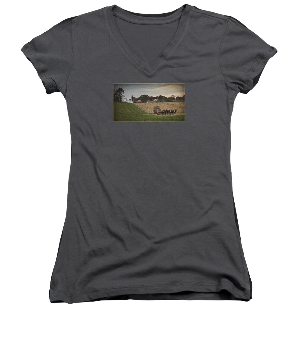 Farm Women's V-Neck featuring the photograph Back to Basics Baling by Priscilla Burgers
