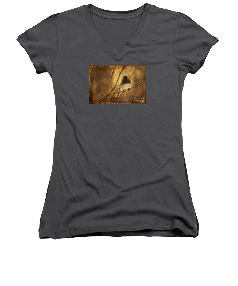 Bird Women's V-Neck featuring the photograph Backlit Birdie Being Buffeted by Lois Bryan