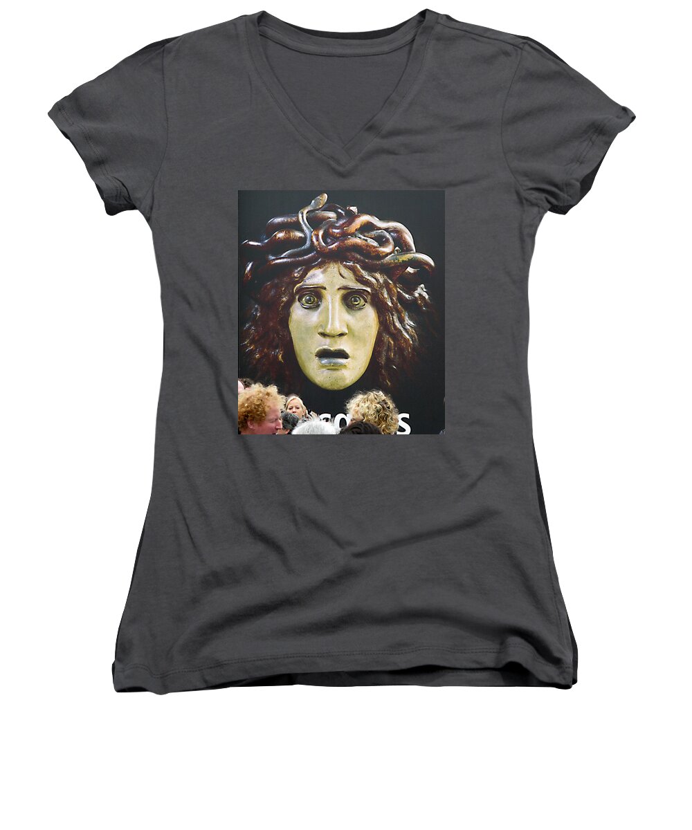 Medusa Women's V-Neck featuring the photograph Bad Hair Day at d'Orsay Museum, Paris. by Joe Schofield