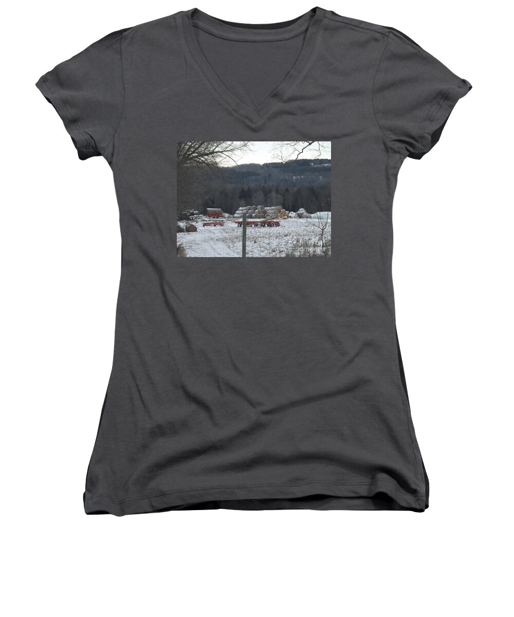 Winter Women's V-Neck featuring the photograph Bales of Hay by Brenda Brown