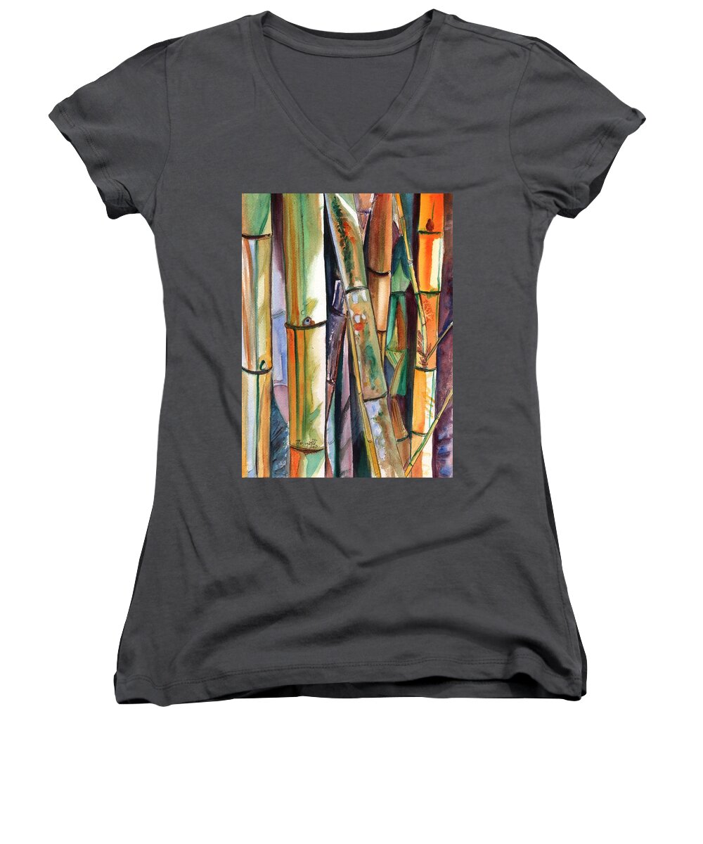 Bamboo Women's V-Neck featuring the painting Bamboo Garden by Marionette Taboniar