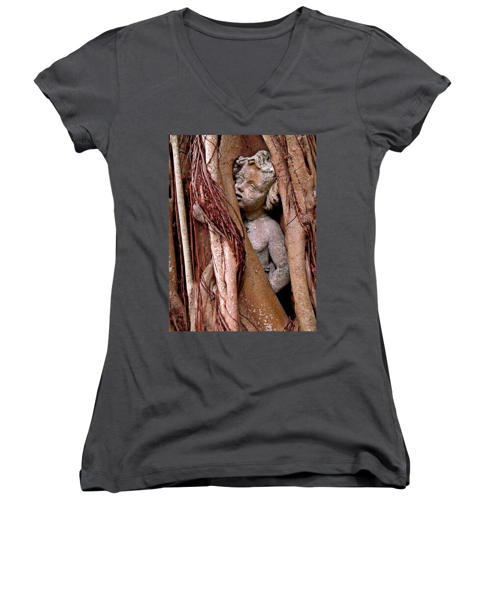 Banyan Tree Women's V-Neck featuring the digital art Banyan Boy close up by Maria Huntley