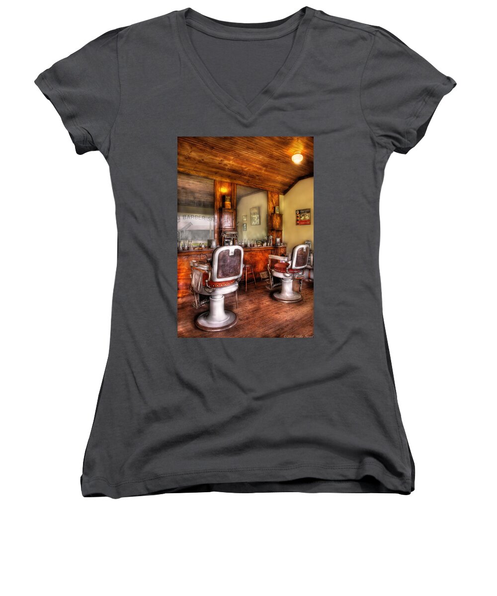 Barber Women's V-Neck featuring the photograph Barber - The Barber Shop II by Mike Savad