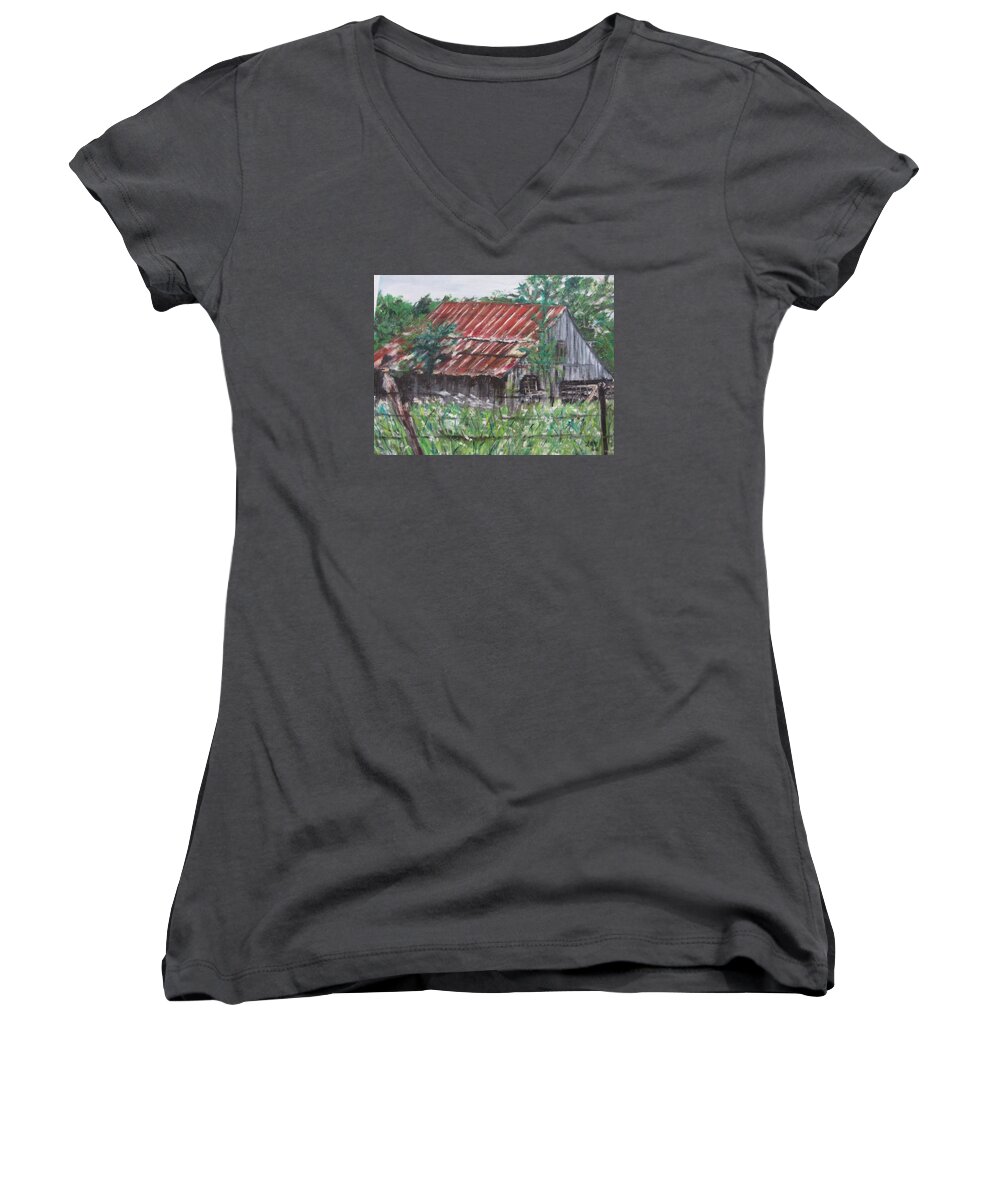 Old Barn Women's V-Neck featuring the painting Barn in Montana #1 by Lucille Valentino