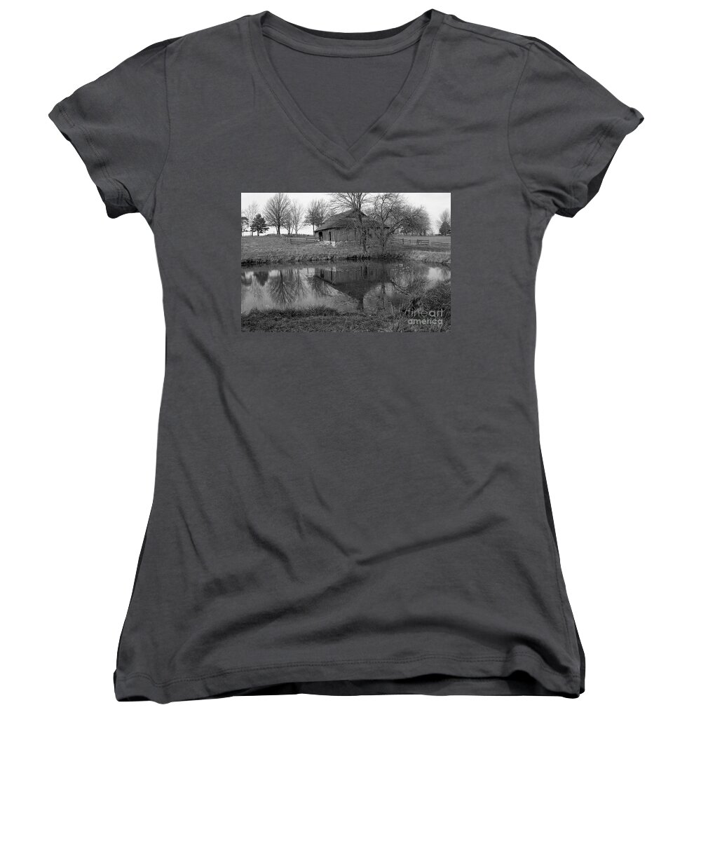 Black And White Women's V-Neck featuring the photograph Barn Reflection by Crystal Nederman