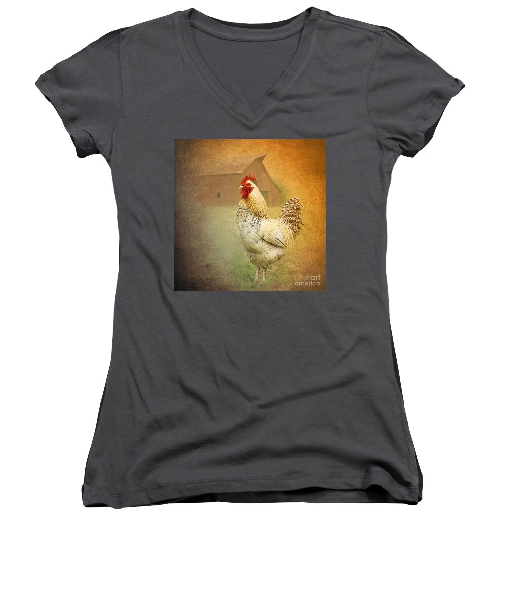 Rooster Women's V-Neck featuring the photograph Barnyard Boss by Betty LaRue
