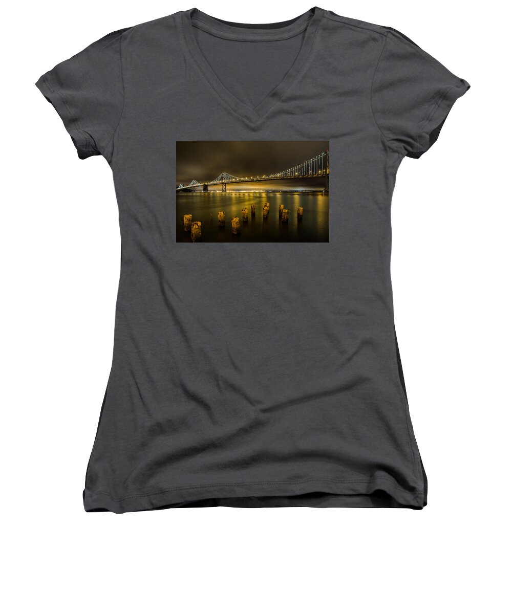 San Francisco Women's V-Neck featuring the photograph Bay Bridge and Clouds at Night by John Daly