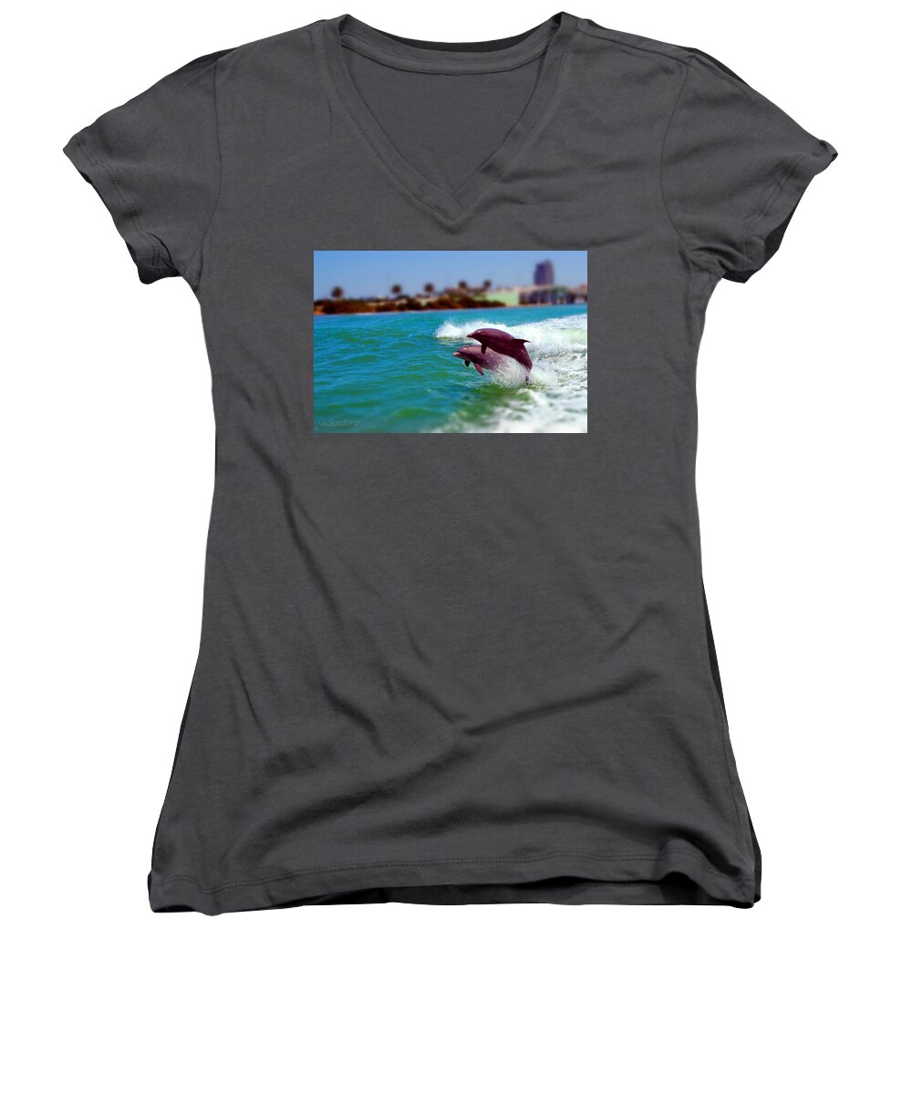 Clearwater Women's V-Neck featuring the photograph Bay Dolphins by Joseph Desiderio