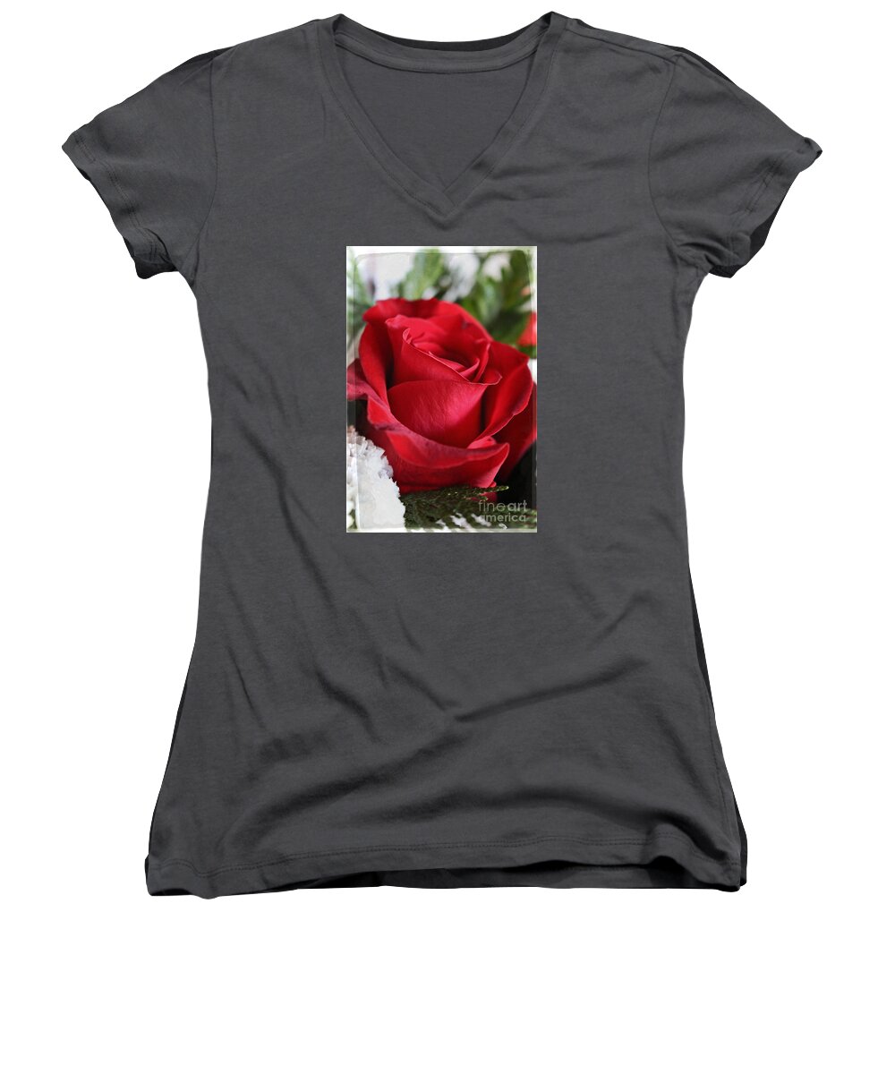 Red Rose Women's V-Neck featuring the photograph Be Inspired With Flowers and Art by Ella Kaye Dickey