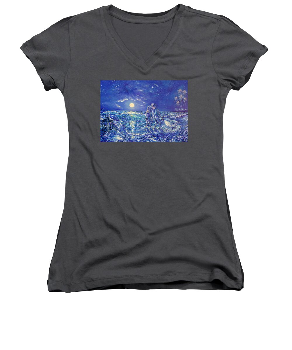 Beach Women's V-Neck featuring the painting Beach Lites by Gail Butler