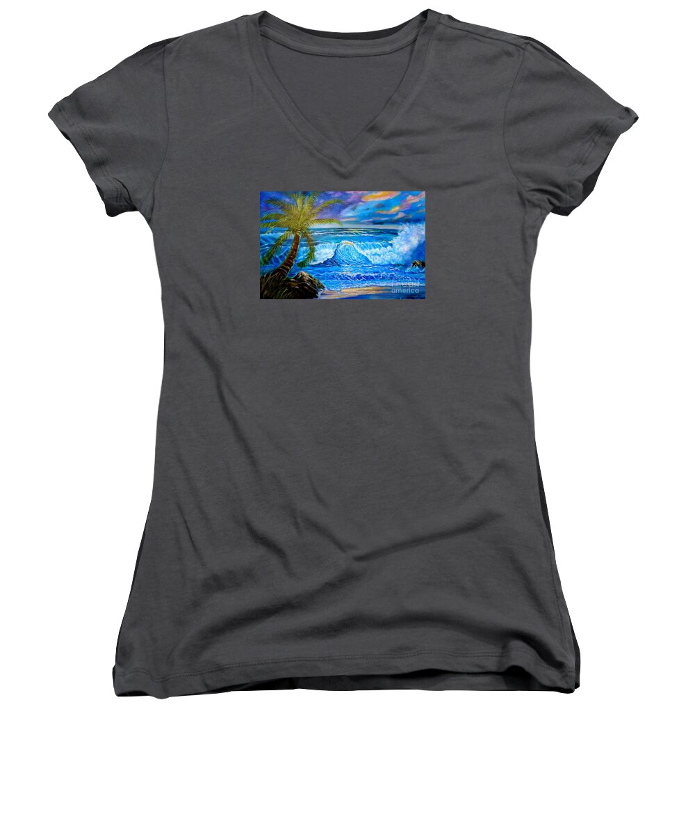 Beach Women's V-Neck featuring the painting Beach Sunset in Hawaii by Jenny Lee