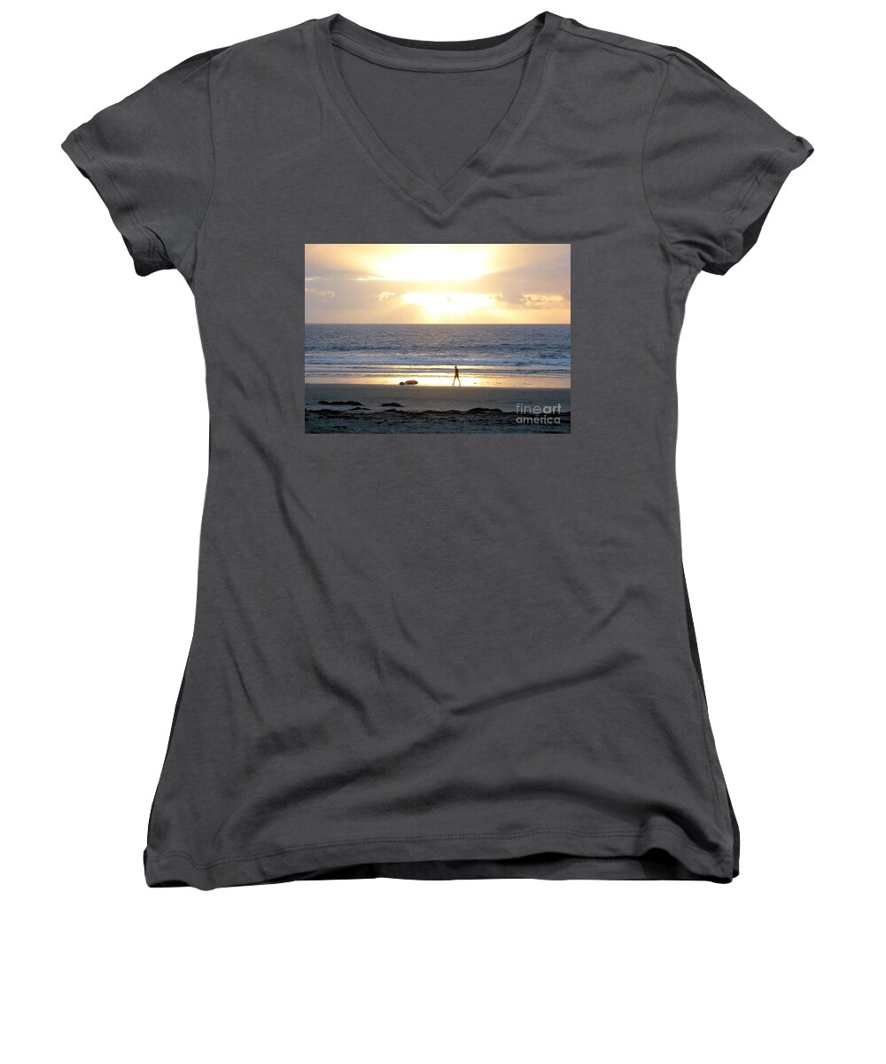 Sunset Women's V-Neck featuring the photograph Beachcomber Encounter by Barbie Corbett-Newmin