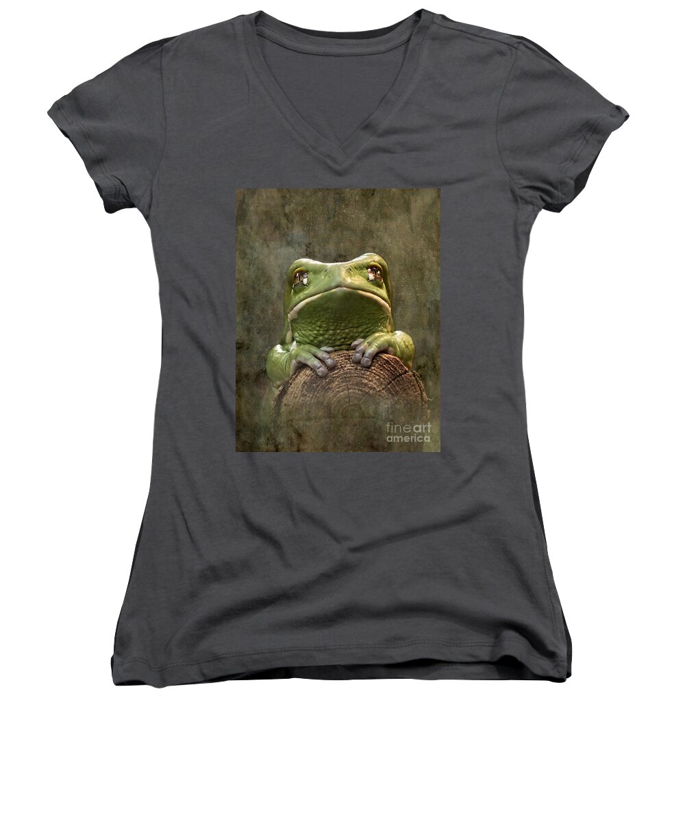 Frog Women's V-Neck featuring the photograph Beating To My Own Drum by Barbara McMahon