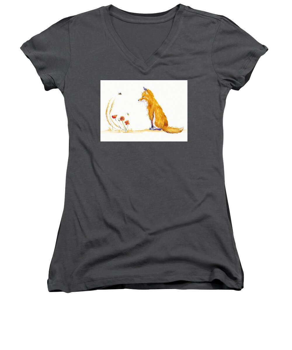 Fox Women's V-Neck featuring the painting Bee a Summer Fox by Debra Hall