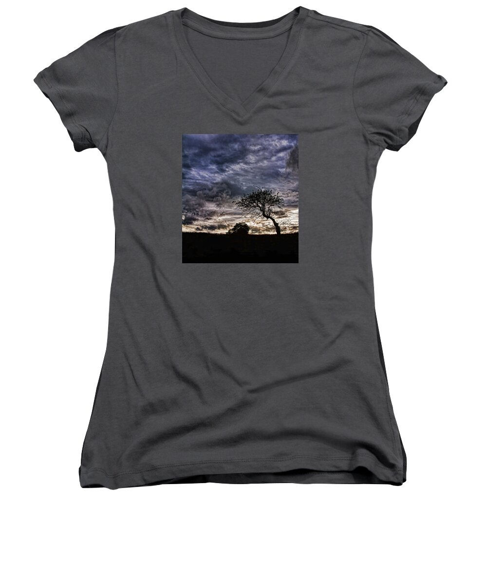 Northumberland Shore Women's V-Neck featuring the photograph Nova Scotia's Lonely Tree Before the Storm by Ginger Wakem