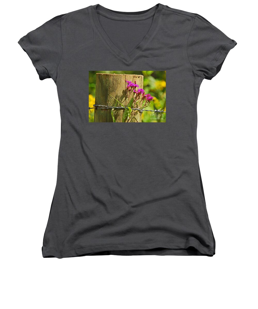 Landscape Women's V-Neck featuring the photograph Behind The Fence by Mary Carol Story