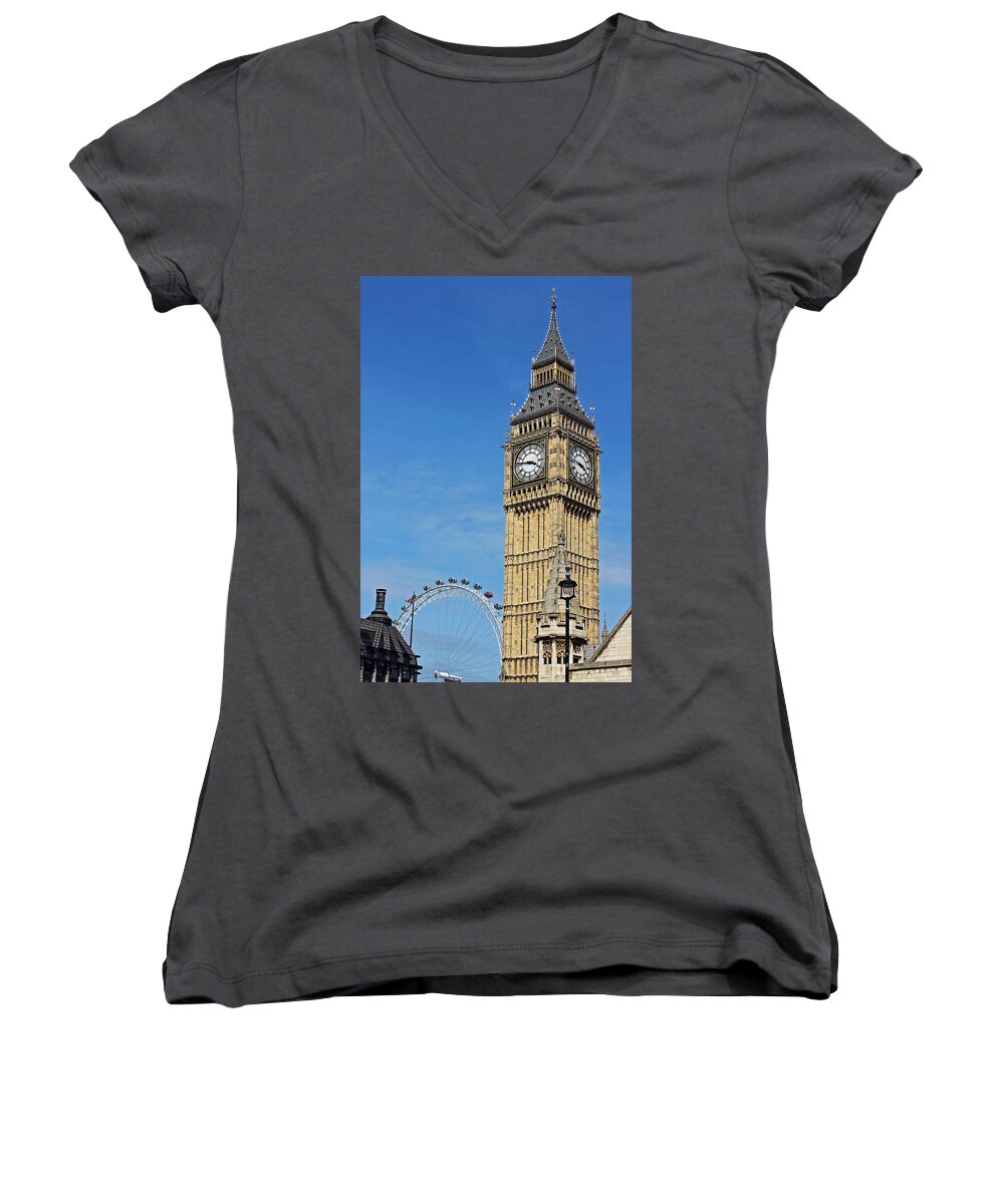 Big Ben London Women's V-Neck featuring the photograph Big Ben and London Eye by Tony Murtagh