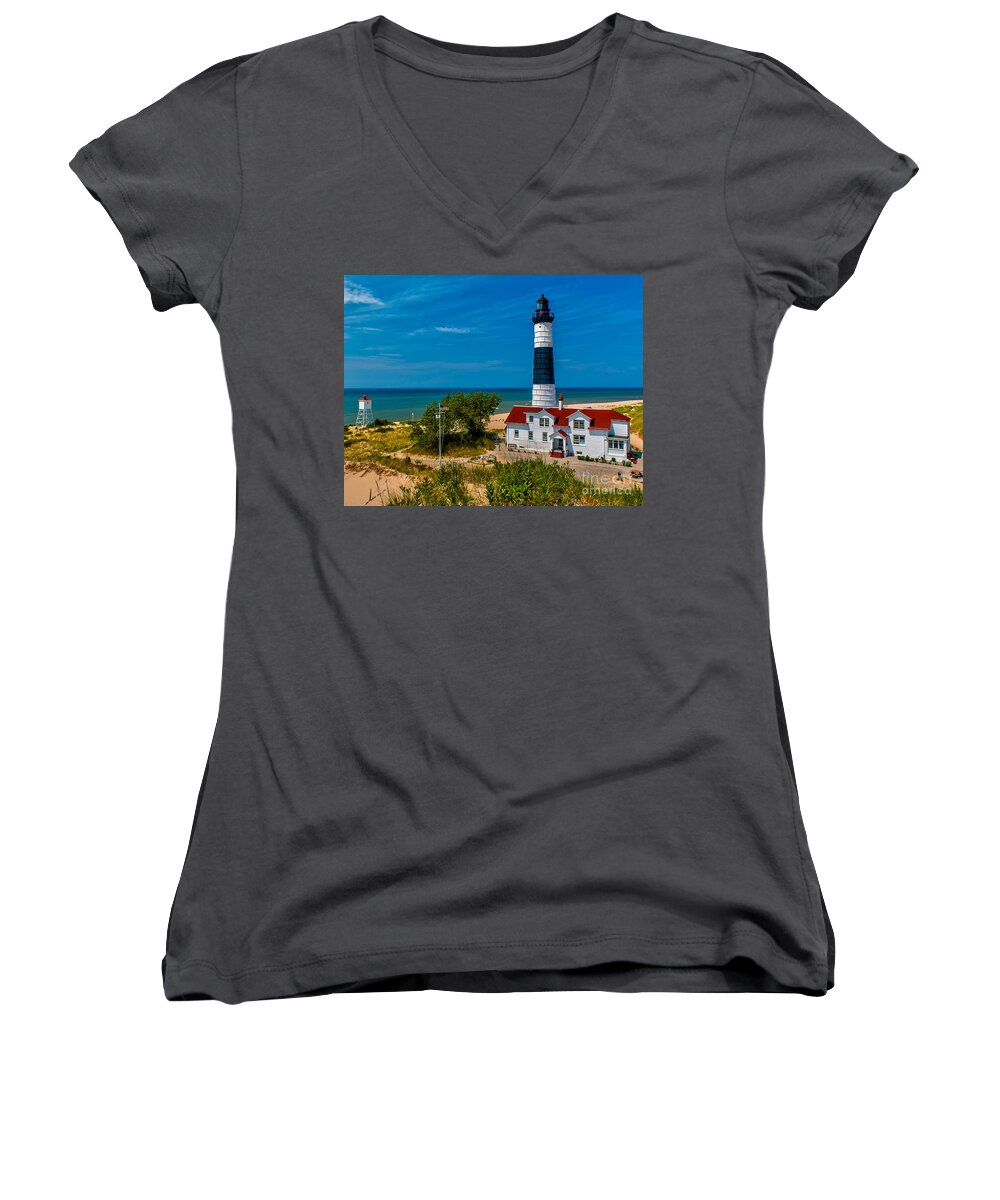 Beach Women's V-Neck featuring the photograph Big Sable from the Dunes by Nick Zelinsky Jr