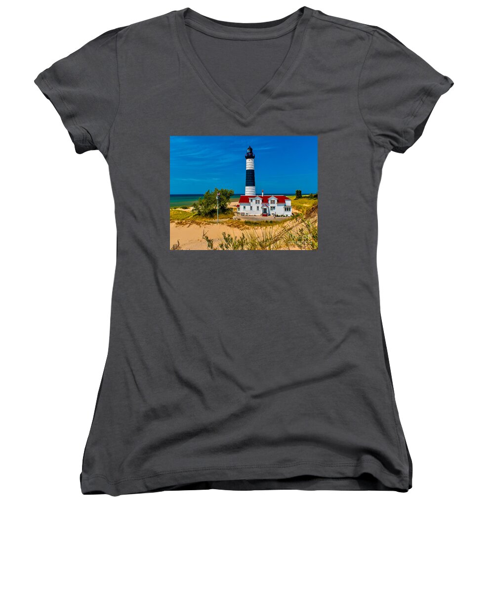 Beach Women's V-Neck featuring the photograph Big Sable Light on the Shore by Nick Zelinsky Jr