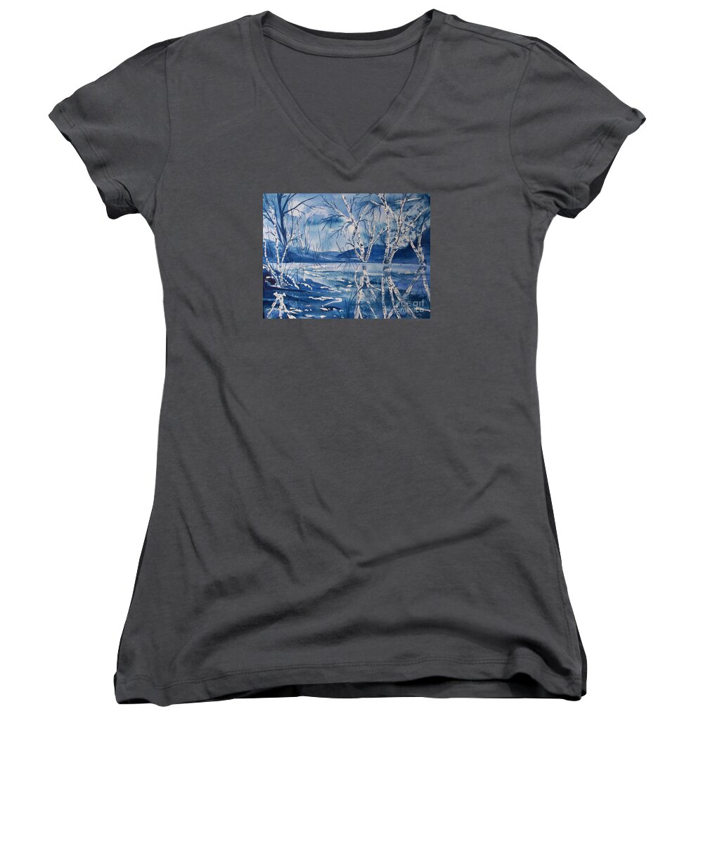 Birch Trees Women's V-Neck featuring the painting Birches in Blue by Ellen Levinson