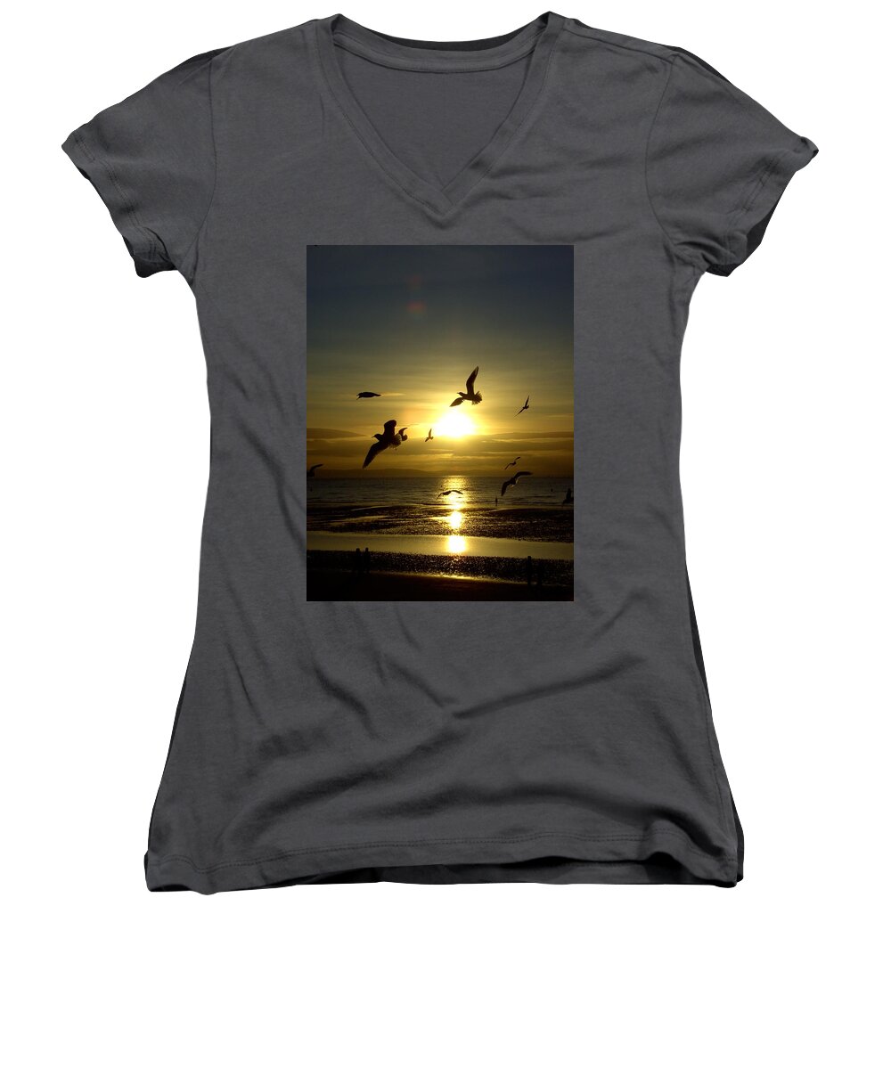 Natural Women's V-Neck featuring the photograph Birds Gathering at Sunset by Steve Kearns