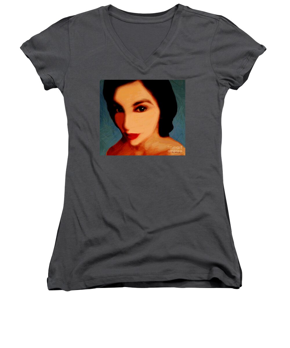 Portrait Women's V-Neck featuring the painting Black-Eyed Beauty by RC DeWinter