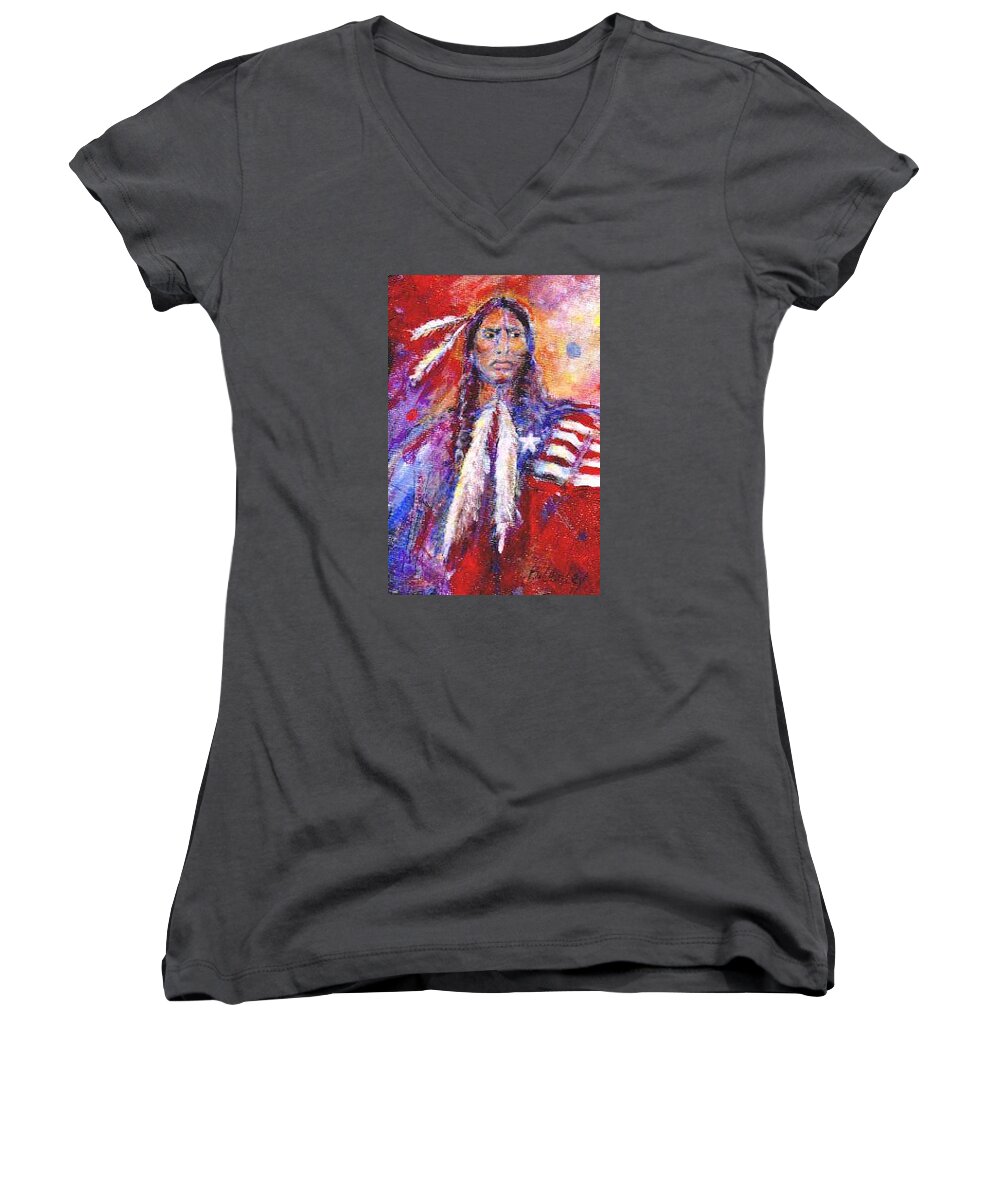 Native American Women's V-Neck featuring the painting Blackfeet by Barbara Lemley
