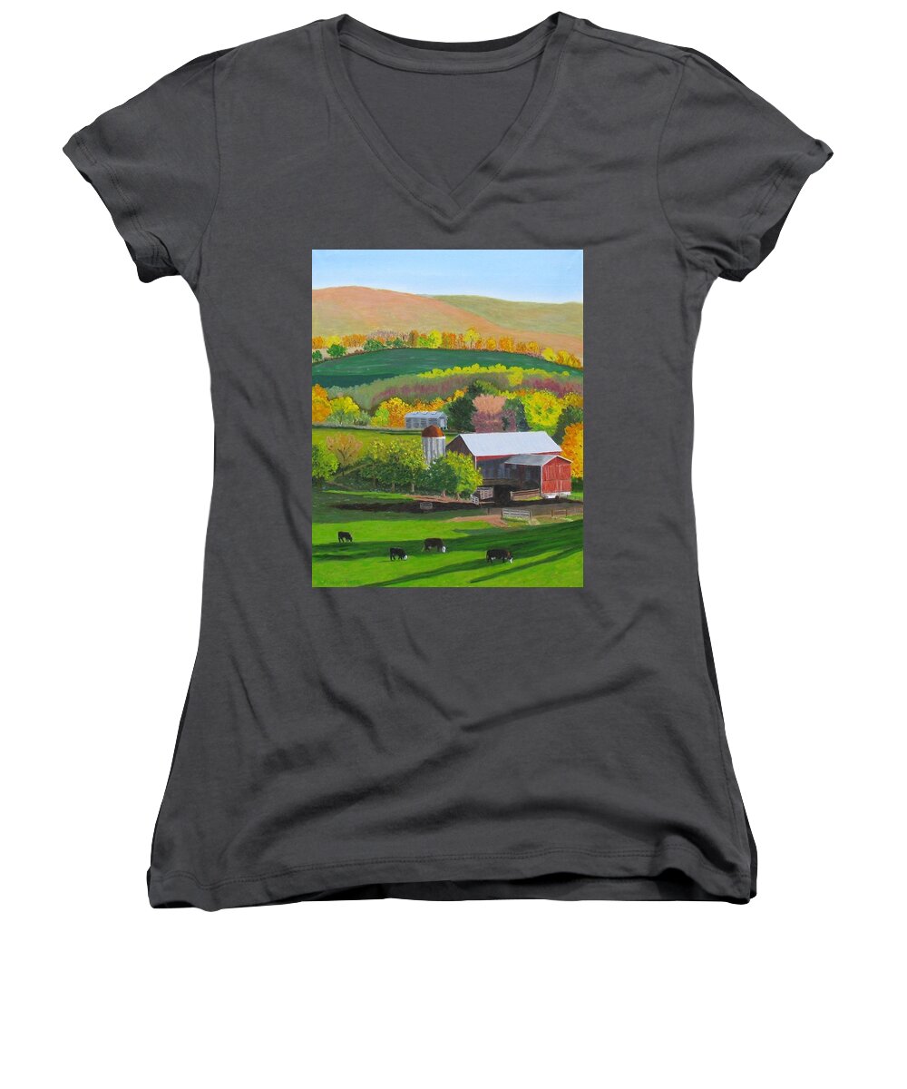 Autumn Color In Pennsylvania Women's V-Neck featuring the painting Blazing Autumn Color by Barb Pennypacker