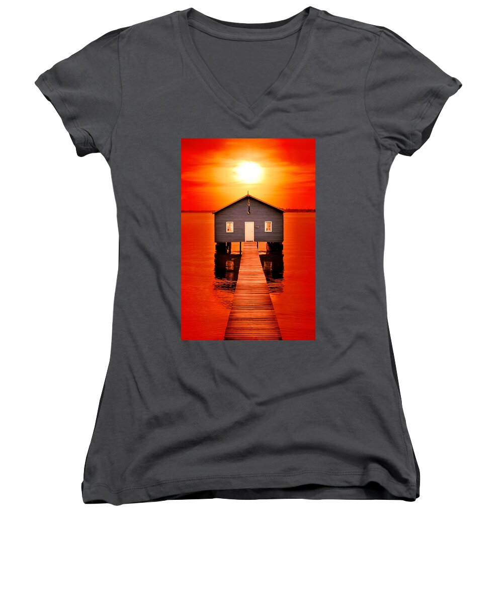 Matilda Bay Boat Shed Women's V-Neck featuring the photograph Blood Sunset by Az Jackson