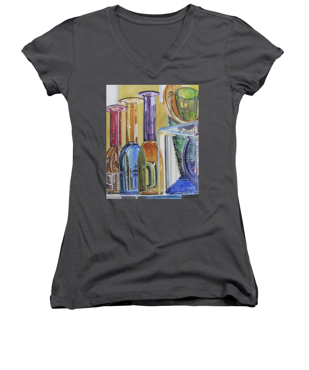 Original Watercolor Women's V-Neck featuring the painting Blown Glass by Carol Flagg