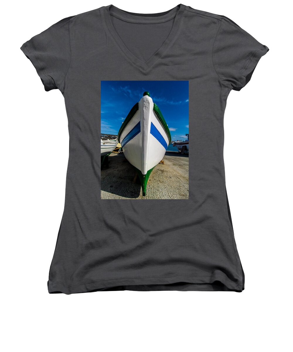Angler Women's V-Neck featuring the photograph Blue And Green Boat by Joseph Amaral