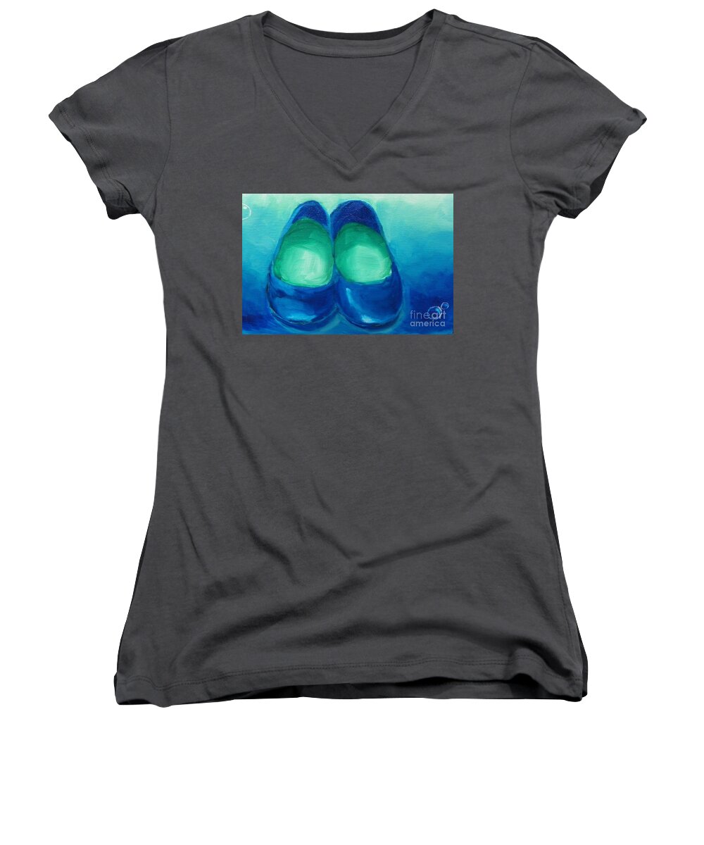 Blue Women's V-Neck featuring the painting Blue Flats by Marisela Mungia
