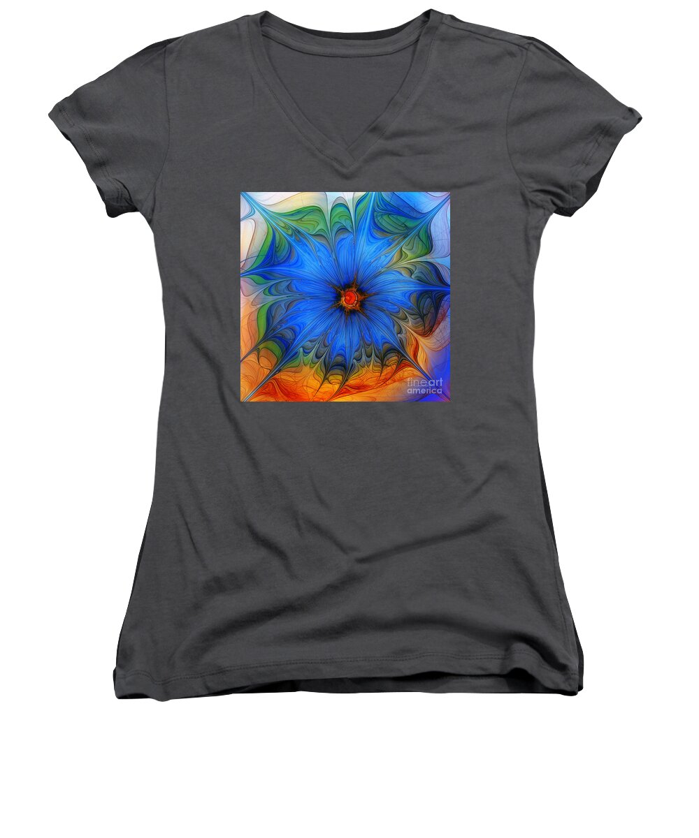 Abstract Women's V-Neck featuring the digital art Blue Flower Dressed For Summer by Karin Kuhlmann