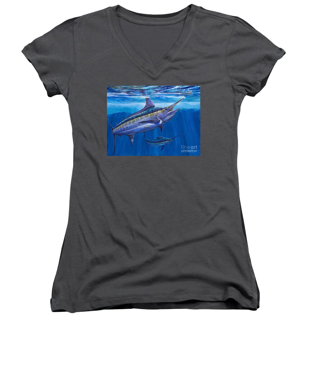 Blue Marlin Women's V-Neck featuring the painting Blue Marlin Bite Off001 by Carey Chen