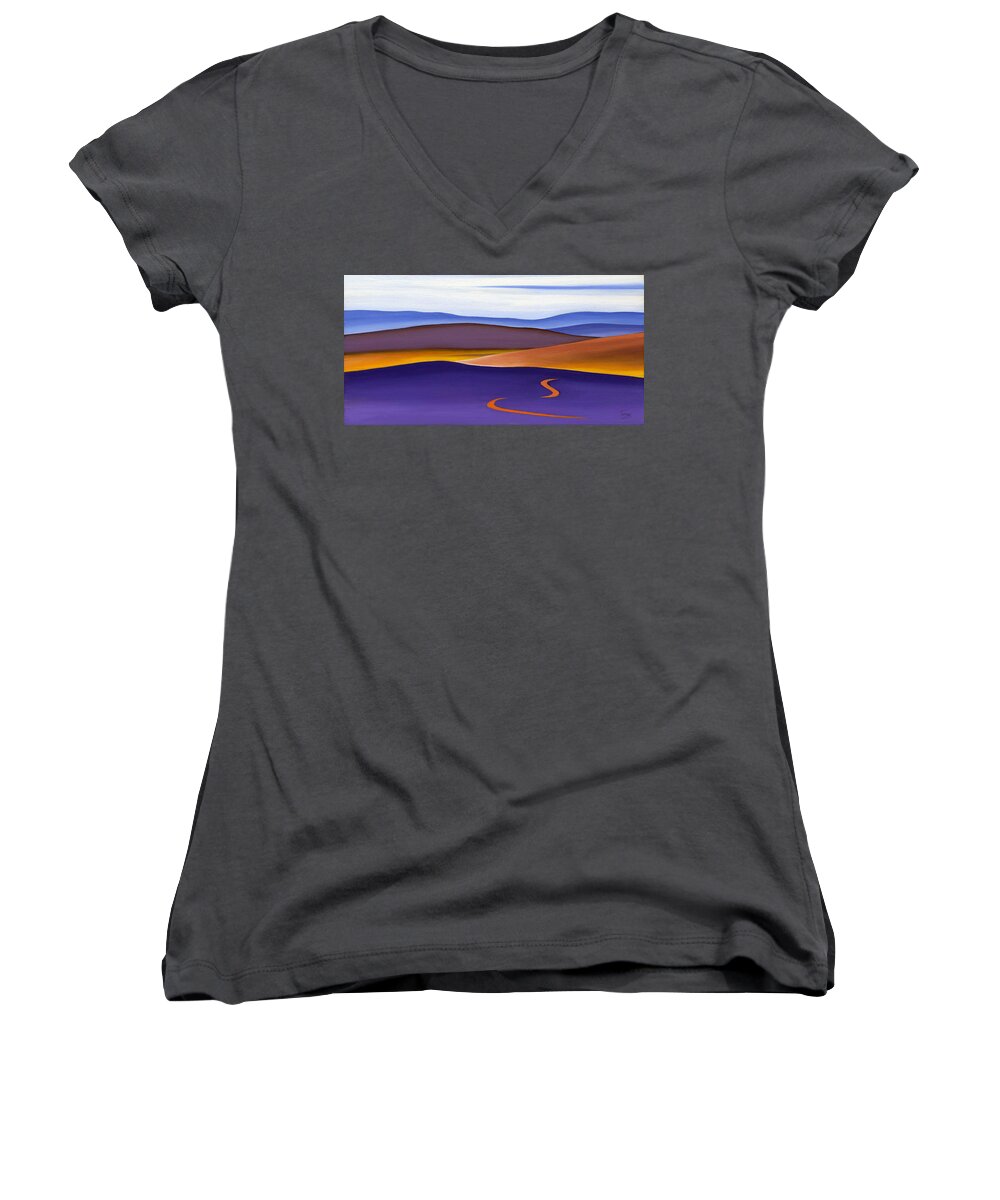Blue Ridge Women's V-Neck featuring the painting Blue Ridge Orange Mountains Sky and Road in Fall by Catherine Twomey