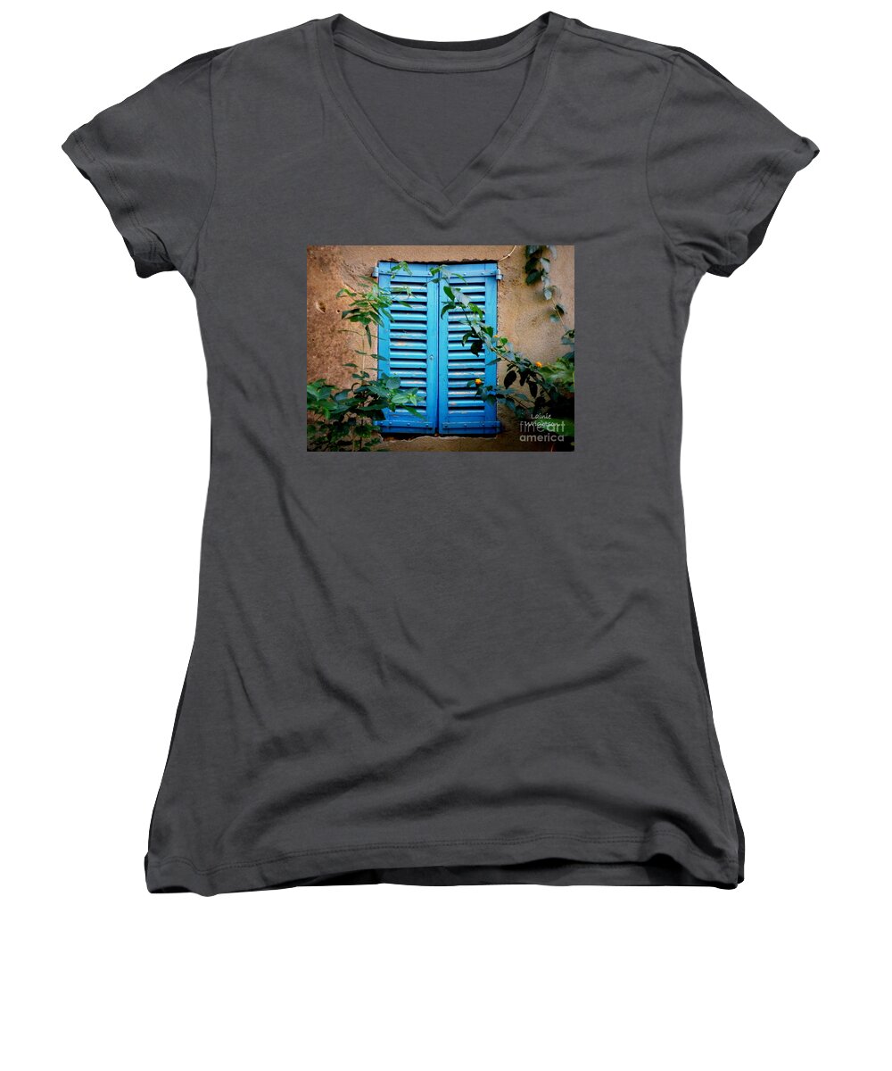 Window Women's V-Neck featuring the photograph Blue Shuttered Window by Lainie Wrightson