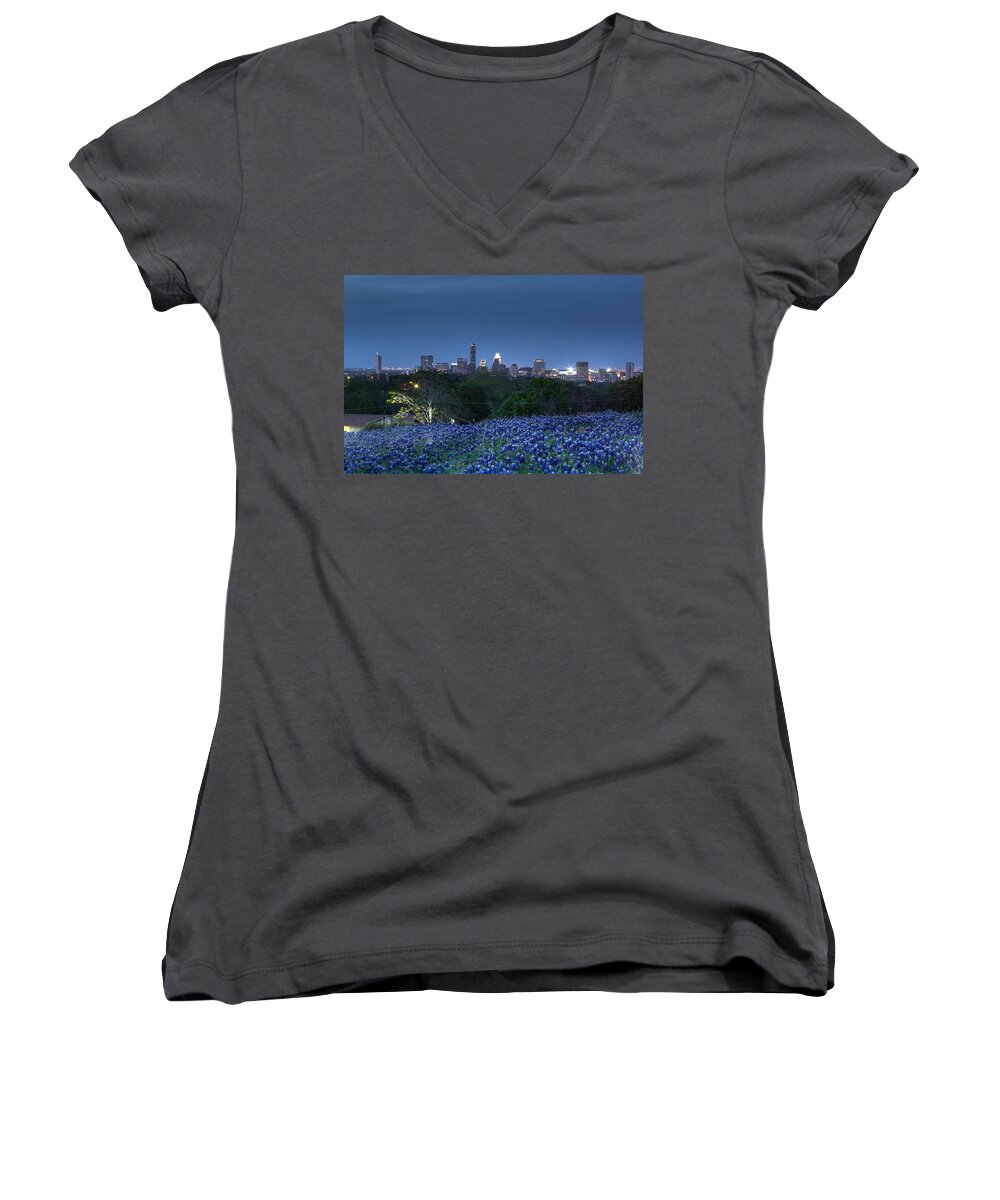 Austin Women's V-Neck featuring the photograph Bluebonnet Twilight by Dave Files