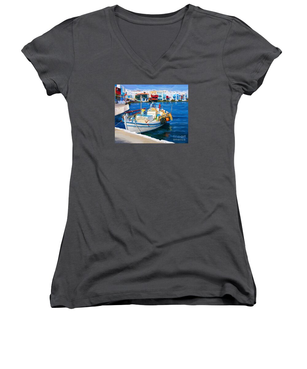 Boat Women's V-Neck featuring the painting Boat In Greece by Tim Gilliland