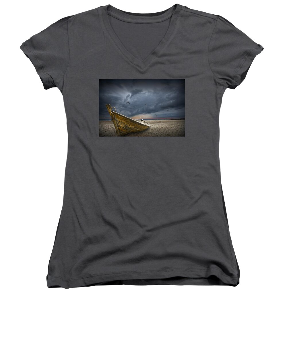 Art Women's V-Neck featuring the photograph Boat with gulls on the beach with oncoming storm by Randall Nyhof