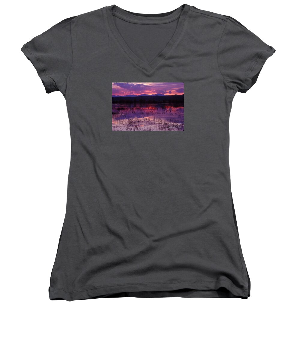 Bosque Women's V-Neck featuring the photograph Bosque sunset - purple by Steven Ralser