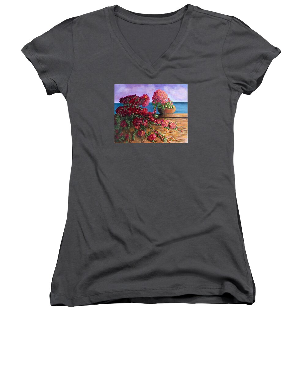Bougainvillea Women's V-Neck featuring the painting Bountiful Bougainvillea by Laurie Morgan