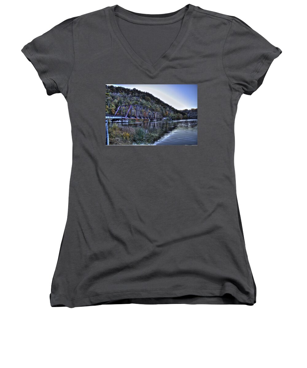 River Women's V-Neck featuring the photograph Bridge on a Lake by Jonny D