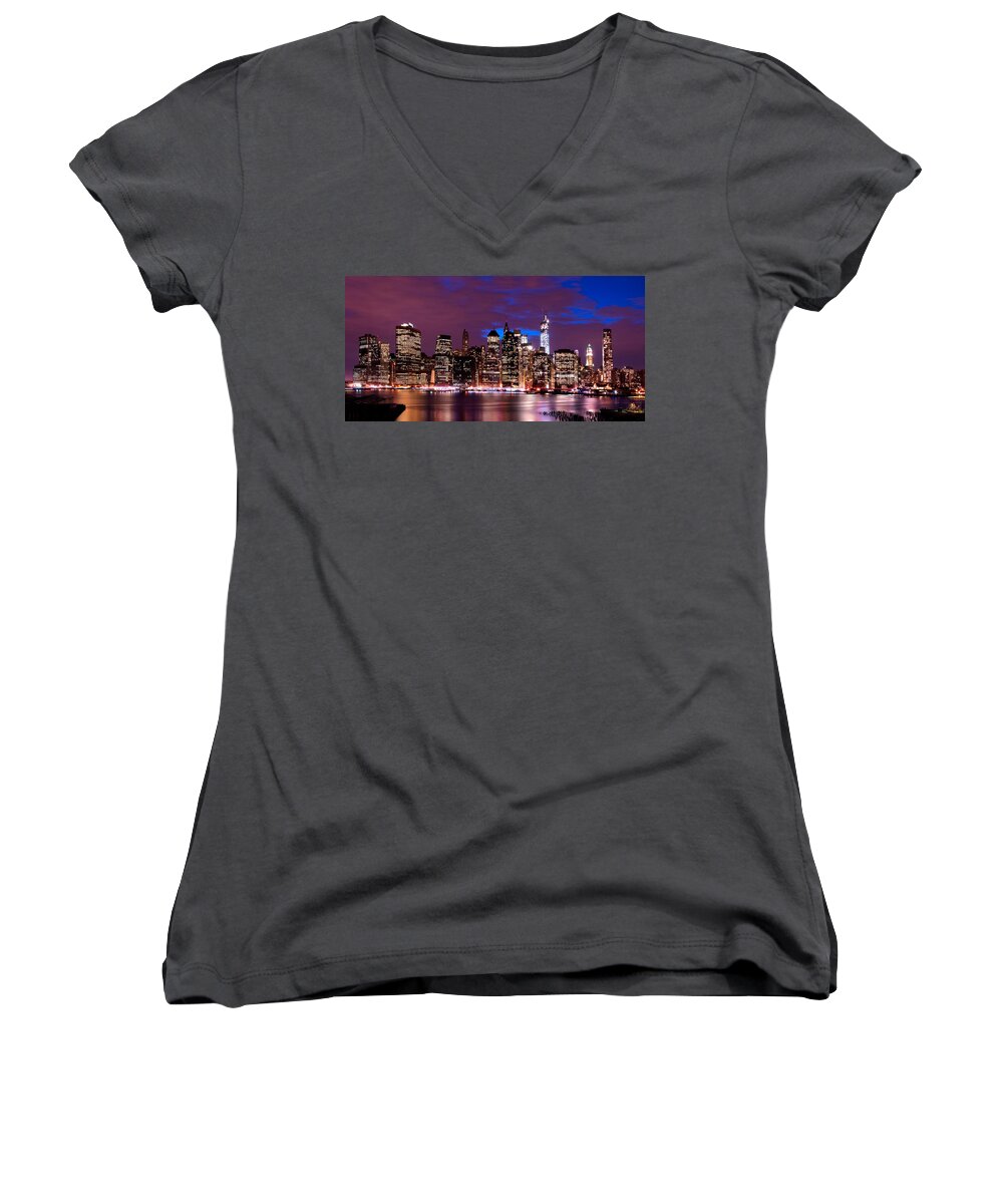 Amazing Brooklyn Bridge Photos Women's V-Neck featuring the photograph Brooklyn Height Promenade View of the NYC Skyline by Mitchell R Grosky