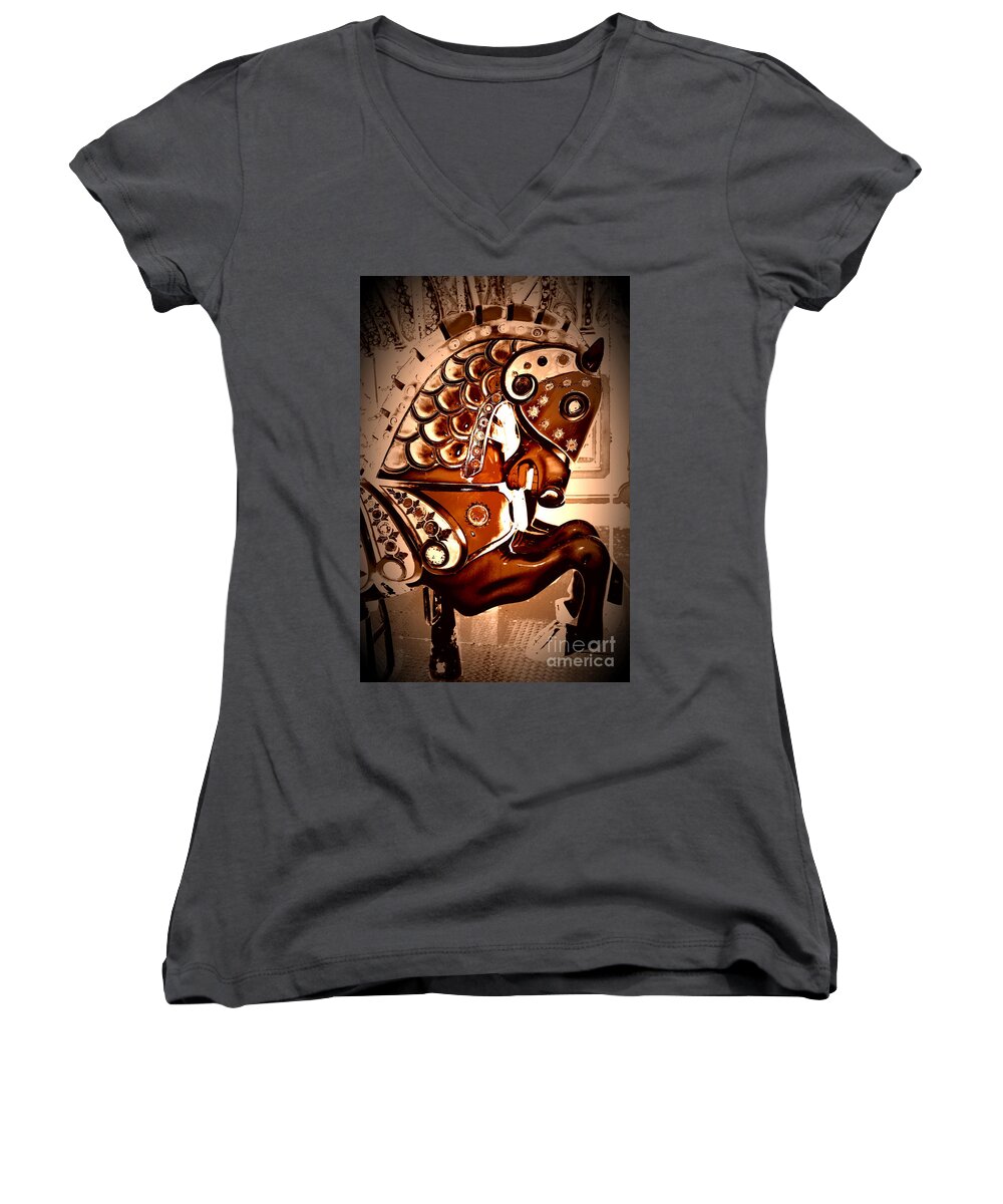 Carousel Women's V-Neck featuring the digital art Brown Carousel Horse by Patty Vicknair