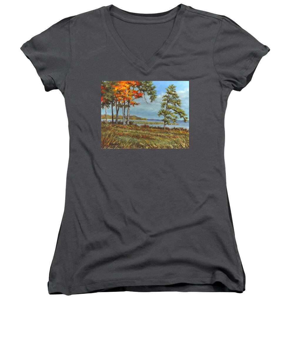 Autumn Women's V-Neck featuring the painting Browns Bay by Richard De Wolfe