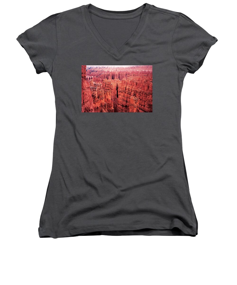 'bryce Canyon' Bryce Women's V-Neck featuring the photograph Bryce Canyon Red by Carol Whaley Addassi