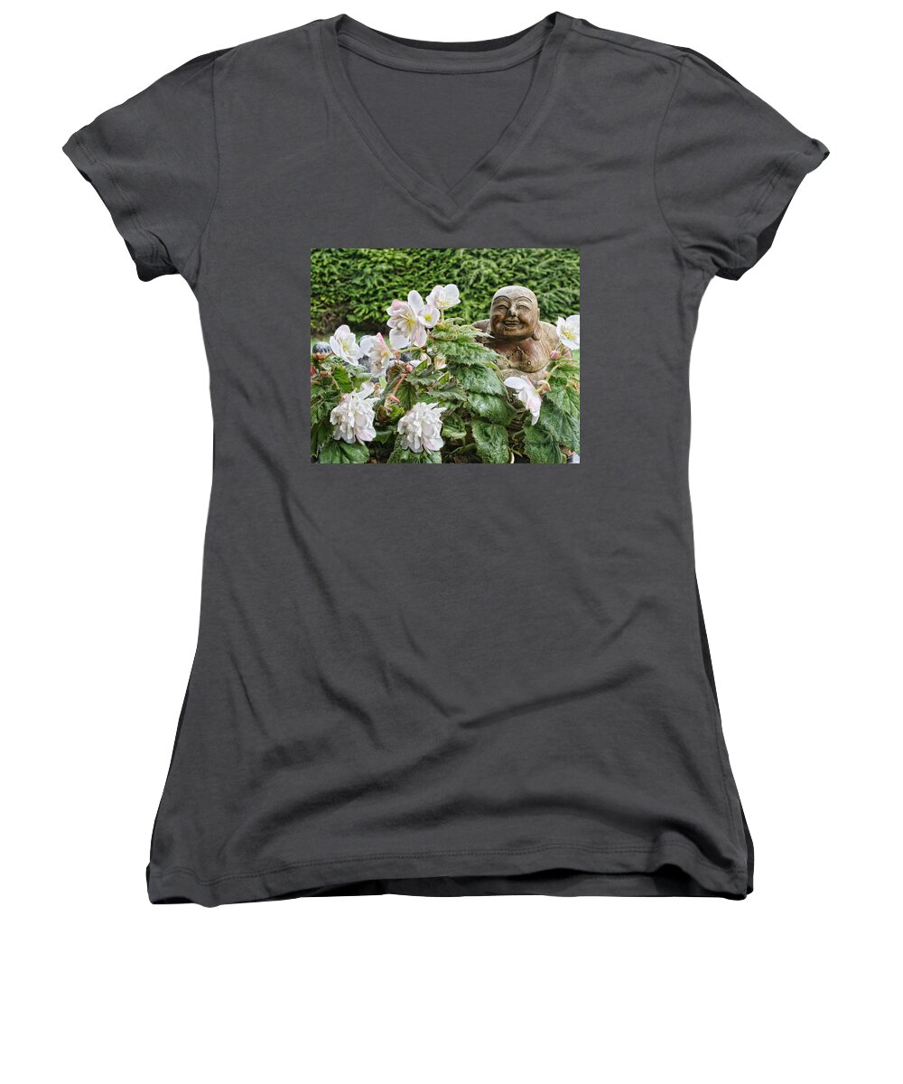 Begonia Women's V-Neck featuring the photograph Budda and Begonias by Denise Romano