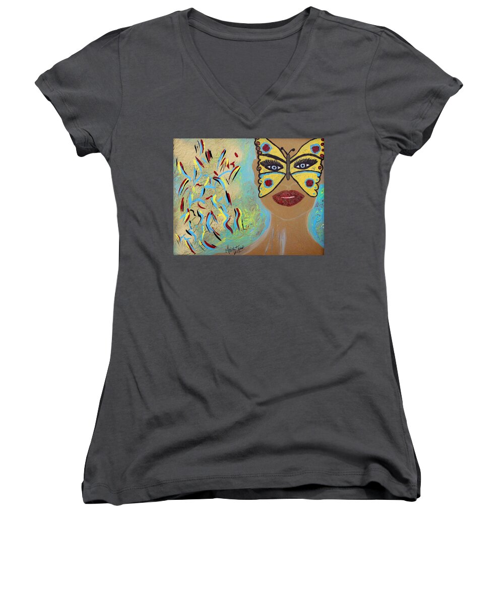 Art Women's V-Neck featuring the mixed media Butterfly Moment by Artista Elisabet