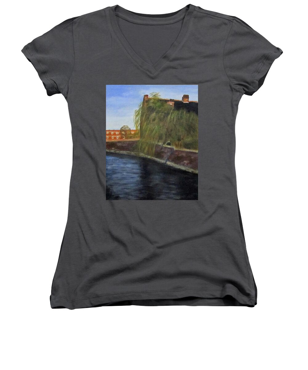 Landscape Women's V-Neck featuring the painting By the canal - Leuven Belgium by Linda Feinberg